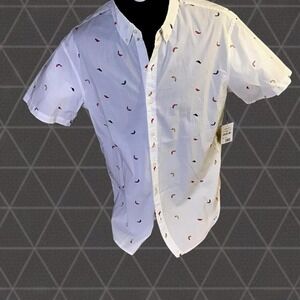 Bonobo  NWT White Short Sleeve Button Up Shirt Hot Chili Pepper Fan Print. Vacay